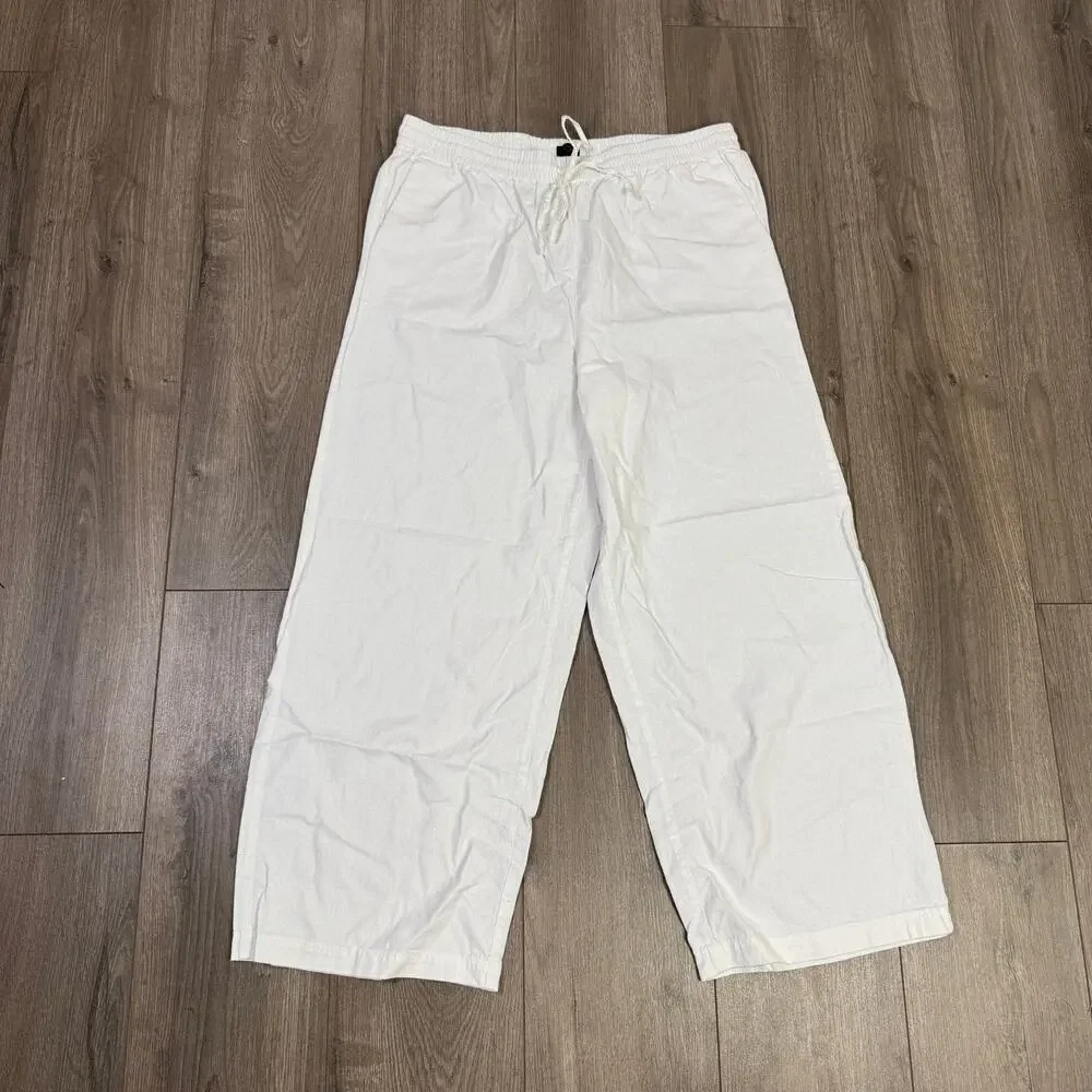J.Crew Linen Blend Slim Wide Leg Drawstring Pant Sz 14 White Pull On Relaxed Fit